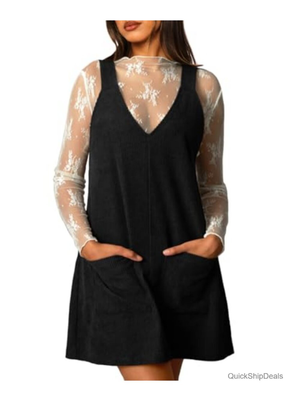 Corduroy V-Neck Pinafore Overall Dress A-Line High Waist Sleeveless Patch